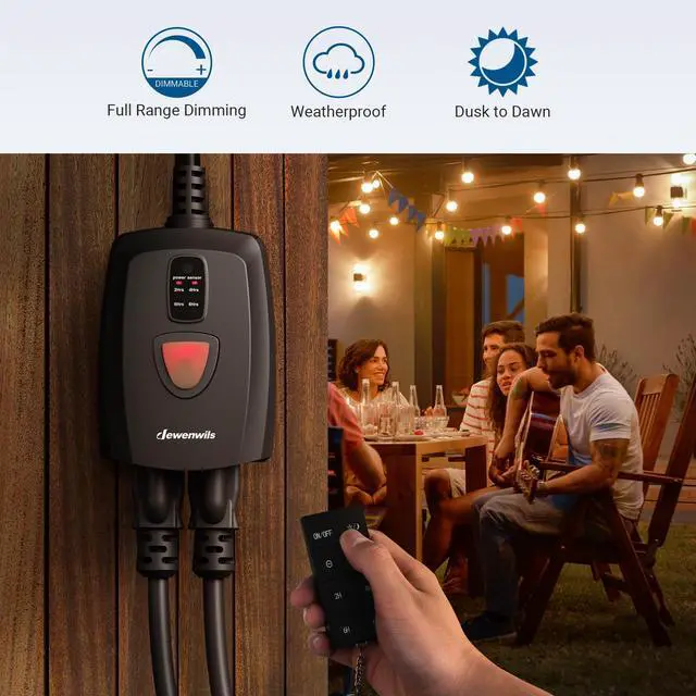 Alt view image 2 of 7 - Dusk to Dawn Dimmer, Outdoor Dimmer for String Light with Remote Dimmer Switch, 100 FT Wireless Remote Control Dimming Timer for Led Light or Lamp Patio Lights