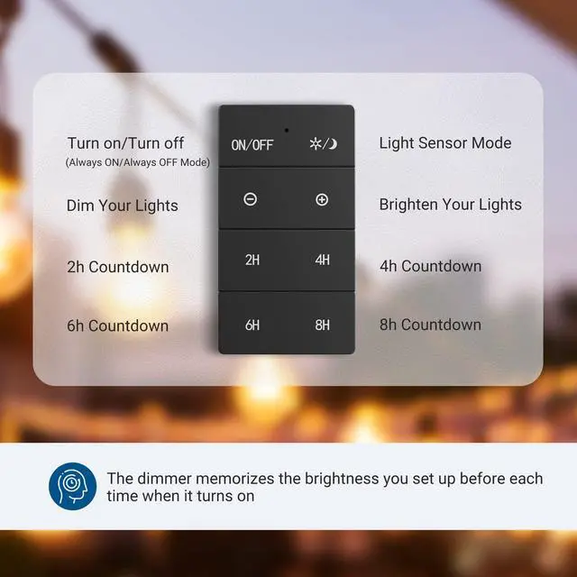 Alt view image 3 of 7 - Dusk to Dawn Dimmer, Outdoor Dimmer for String Light with Remote Dimmer Switch, 100 FT Wireless Remote Control Dimming Timer for Led Light or Lamp Patio Lights