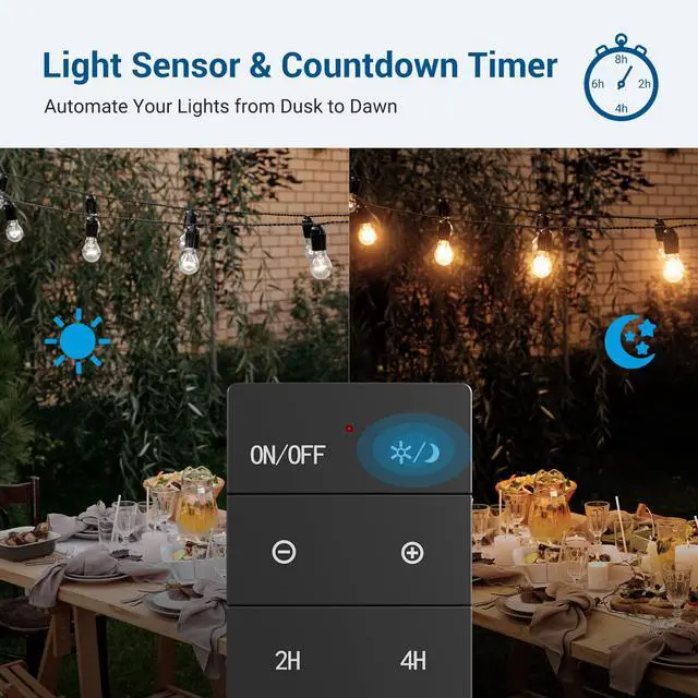 Alt view image 4 of 7 - Dusk to Dawn Dimmer, Outdoor Dimmer for String Light with Remote Dimmer Switch, 100 FT Wireless Remote Control Dimming Timer for Led Light or Lamp Patio Lights