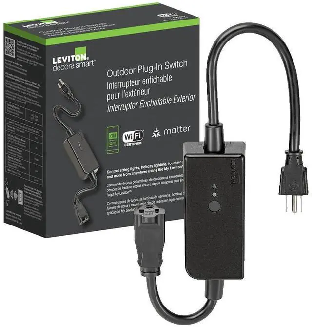 Main image of Decora Smart Wi-Fi Outdoor Plug, Works with Matter, My Leviton, Alexa, Google Assistant, Apple Home/Siri & Wire-Free Anywhere Switch Companion, Weather-Resistant, D215O-1RE, Black