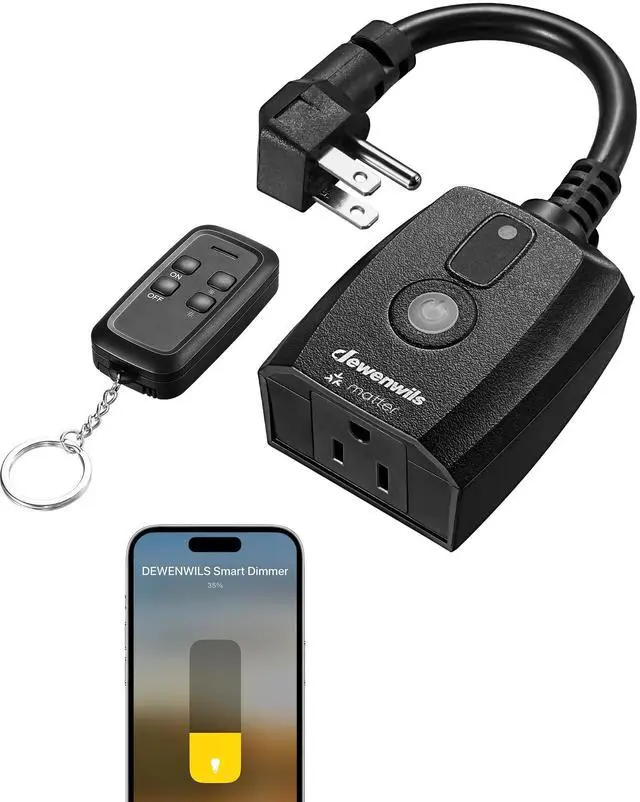 Main image of Wi-Fi Matter Smart Dimmer Plug, Outdoor Dimmer for String Lights, Works with Alexa, Google Home, SmartThings, 100FT Remote, for 150W Dimmable LED/300W Tungsten Bulbs, 2.4GHz Only