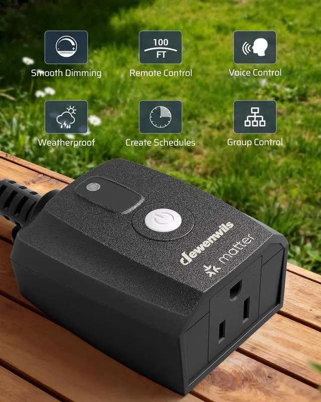 Alt view image 2 of 7 - Wi-Fi Matter Smart Dimmer Plug, Outdoor Dimmer for String Lights, Works with Alexa, Google Home, SmartThings, 100FT Remote, for 150W Dimmable LED/300W Tungsten Bulbs, 2.4GHz Only