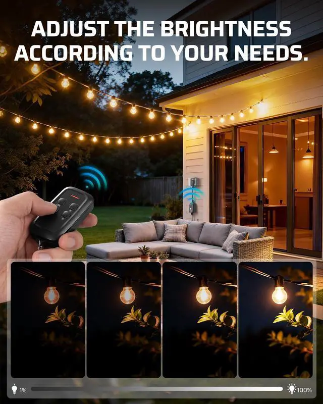 Alt view image 6 of 7 - Wi-Fi Matter Smart Dimmer Plug, Outdoor Dimmer for String Lights, Works with Alexa, Google Home, SmartThings, 100FT Remote, for 150W Dimmable LED/300W Tungsten Bulbs, 2.4GHz Only