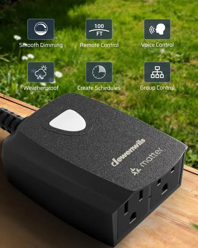 Main image of Wi-Fi Matter Smart Dimmer Plug, Remote Control, 2 Grounded Outlets, Work with Alexa/Google Home, Support 200W Dimmable LED/400W Tungsten Bulbs, Outdoor Dimmer for String Lights, 2.4GHz Only