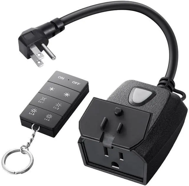 Main image of Outdoor Dimmer for String Lights, 100FT Remote Range, IP44 Waterproof Plug-in Dimmer for Garden, Patio, Porch, 4 Level Brightness Button, Max 150W Dimmable LED/300W Tungsten Bulbs