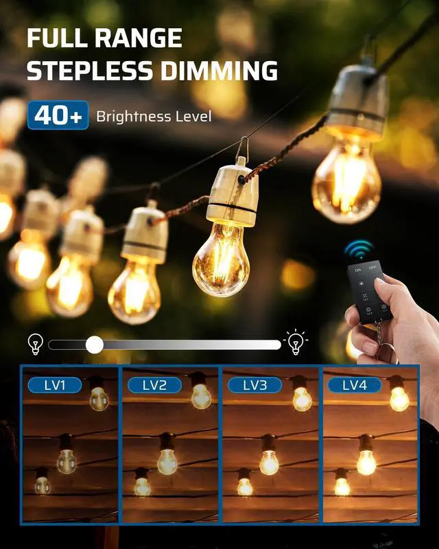 Alt view image 2 of 7 - Outdoor Dimmer for String Lights, 100FT Remote Range, IP44 Waterproof Plug-in Dimmer for Garden, Patio, Porch, 4 Level Brightness Button, Max 150W Dimmable LED/300W Tungsten Bulbs