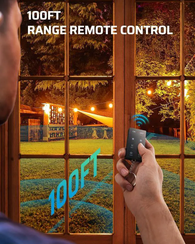 Alt view image 3 of 7 - Outdoor Dimmer for String Lights, 100FT Remote Range, IP44 Waterproof Plug-in Dimmer for Garden, Patio, Porch, 4 Level Brightness Button, Max 150W Dimmable LED/300W Tungsten Bulbs