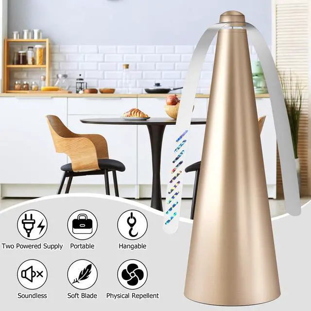 Alt view image 2 of 6 - Fly Fans for Tables, Bug Food Fan Outdoor Indoor Keep Flies Away, 4 Pack Portable Batteries Powered Picnic Table Top Spinner with Metal Hanger, Fly Repellent for Restaurant, Camping (Golden)