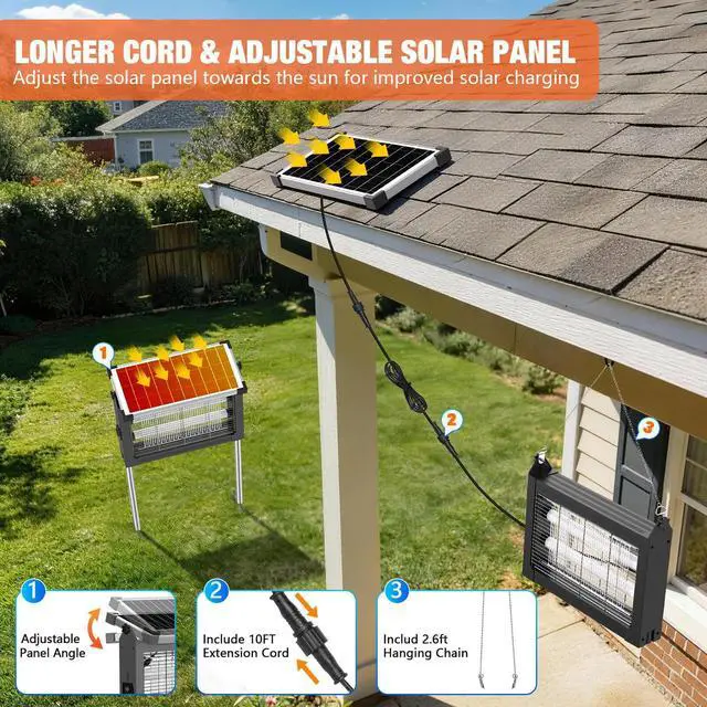 Alt view image 4 of 7 - Solar Bug Zapper Outdoor Waterproof, 4500V Rechargeable Mosquito Zapper with Solar Panel Sensor, Auto ON/Off, 10ft Extension Cord & Solar Powered Bug Zapper, Cordless Insect Zap for Patio Yard Garden