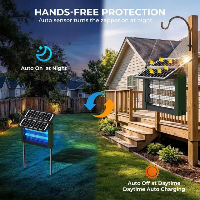 Alt view image 5 of 7 - Upgraded Solar Bug Zapper Outdoor with Dual Panels, 4500V Cordless Rechargeable Fly Insect Killer Waterproof Electric Mosquitoes Zapper for Patio Garden Backyard RV Camping Pond