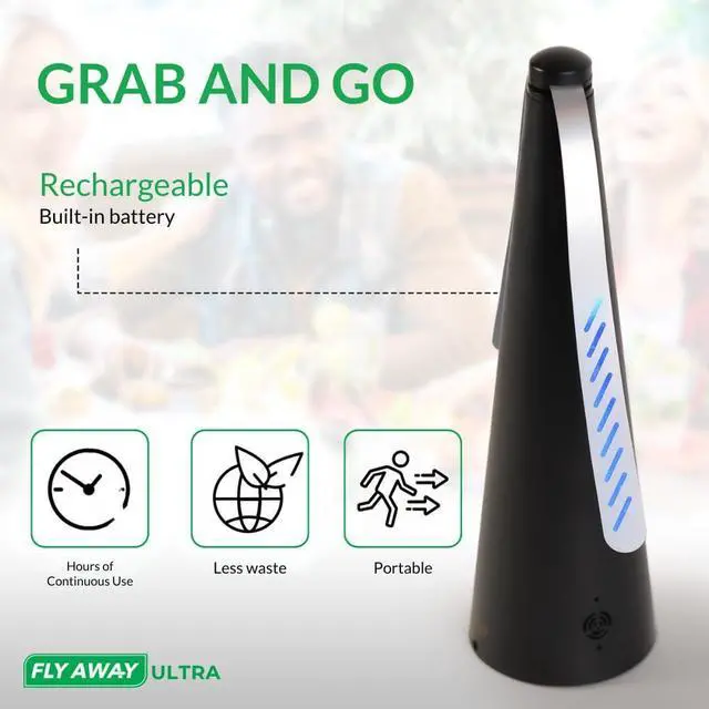 Alt view image 3 of 7 - 2 Pack Rechargeable Outdoor Fly Fans for Tables with Ultrasound, Outdoor or Indoor Tabletop use, Restaurant, Barbeque, Events, Deter Flies, Wasps, Bees, Moscas and Bugs, Hanging Hook.