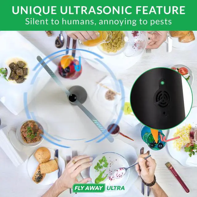 Alt view image 2 of 7 - 2 Pack Rechargeable Outdoor Fly Fans for Tables with Ultrasound, Outdoor or Indoor Tabletop use, Restaurant, Barbeque, Events, Deter Flies, Wasps, Bees, Moscas and Bugs, Hanging Hook.