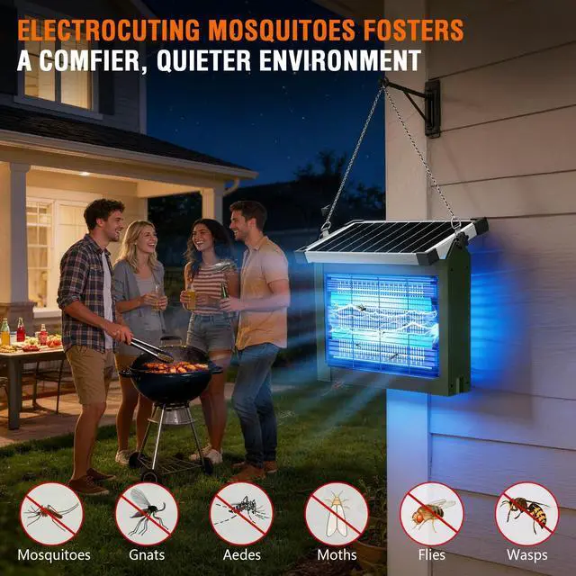 Alt view image 2 of 7 - Solar Bug Zapper Outdoor Waterproof, 4500V Rechargeable Mosquito Zapper with Solar Panel Sensor, Auto ON/Off, 10ft Extension Cord & Solar Powered Bug Zapper, Cordless Insect Zap for Patio Yard Garden