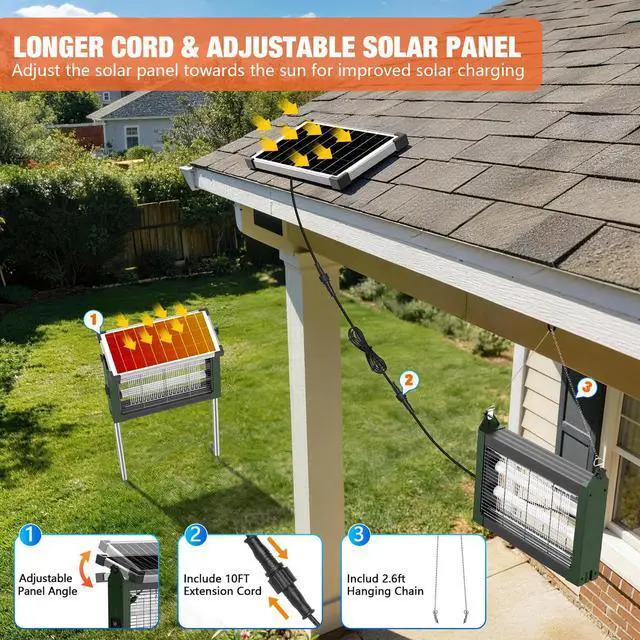 Alt view image 6 of 7 - Solar Bug Zapper Outdoor Waterproof, 4500V Rechargeable Mosquito Zapper with Solar Panel Sensor, Auto ON/Off, 10ft Extension Cord & Solar Powered Bug Zapper, Cordless Insect Zap for Patio Yard Garden