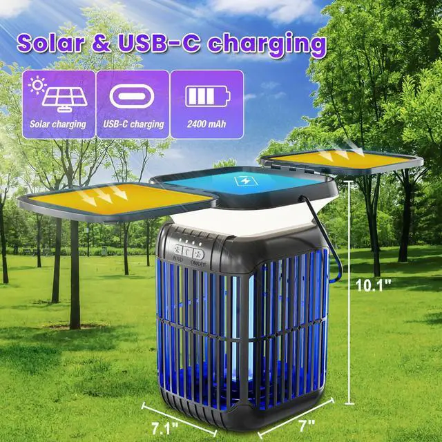 Alt view image 2 of 7 - Solar Bug Zapper Outdoor Indoor, Mosquito Zapper with Dual Folding Solar Panels, 3-in-1 Waterproof LED Lantern, Portable & Solar/USB Rechargeable Insect Trap for Camping, Yard, Patio, Home