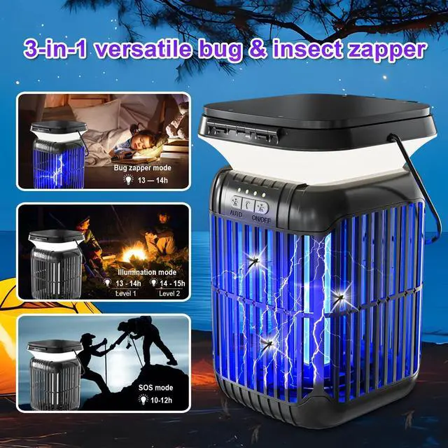 Alt view image 3 of 7 - Solar Bug Zapper Outdoor Indoor, Mosquito Zapper with Dual Folding Solar Panels, 3-in-1 Waterproof LED Lantern, Portable & Solar/USB Rechargeable Insect Trap for Camping, Yard, Patio, Home