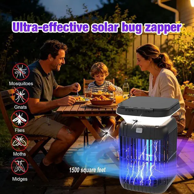 Alt view image 4 of 7 - Solar Bug Zapper Outdoor Indoor, Mosquito Zapper with Dual Folding Solar Panels, 3-in-1 Waterproof LED Lantern, Portable & Solar/USB Rechargeable Insect Trap for Camping, Yard, Patio, Home