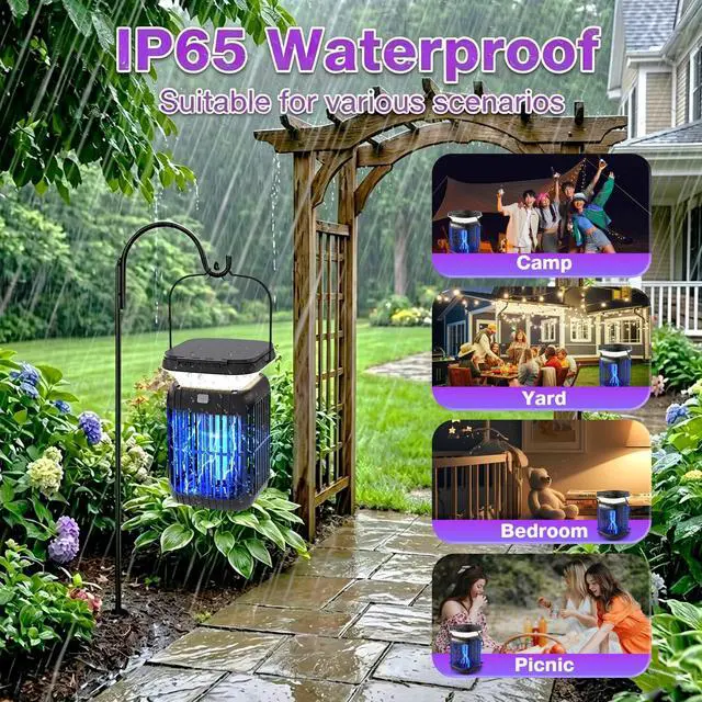 Alt view image 6 of 7 - Solar Bug Zapper Outdoor Indoor, Mosquito Zapper with Dual Folding Solar Panels, 3-in-1 Waterproof LED Lantern, Portable & Solar/USB Rechargeable Insect Trap for Camping, Yard, Patio, Home