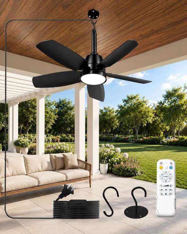 Main image of 28 Inch Plug-in Outdoor Ceiling Fan with Light and Remote, Waterproof Small Ceiling Fan for Patio Porch Balcony, 5 Blades Quiet Compact Ceiling Fan for Small Spaces, Black