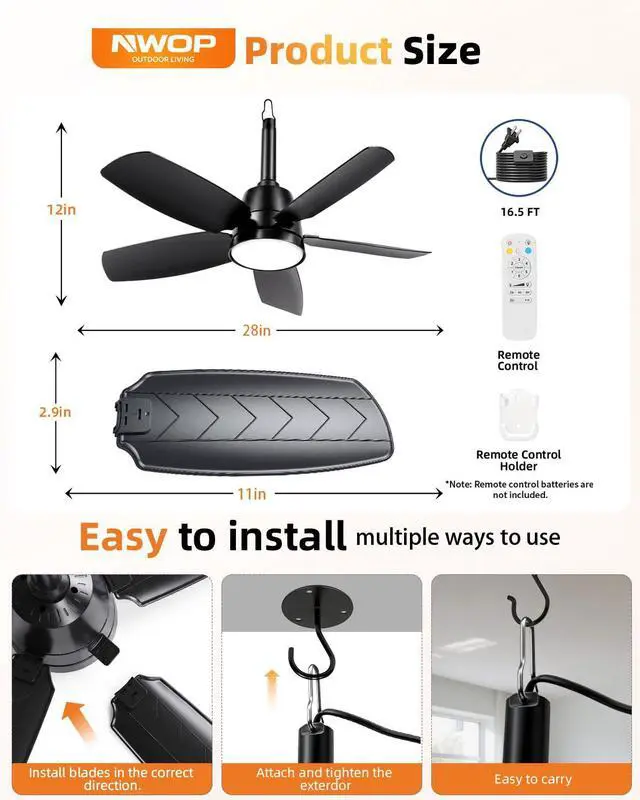 Alt view image 2 of 7 - 28 Inch Plug-in Outdoor Ceiling Fan with Light and Remote, Waterproof Small Ceiling Fan for Patio Porch Balcony, 5 Blades Quiet Compact Ceiling Fan for Small Spaces, Black