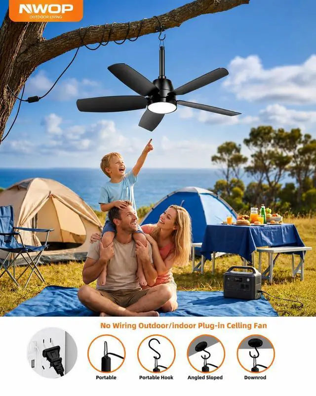 Alt view image 7 of 7 - 28 Inch Plug-in Outdoor Ceiling Fan with Light and Remote, Waterproof Small Ceiling Fan for Patio Porch Balcony, 5 Blades Quiet Compact Ceiling Fan for Small Spaces, Black