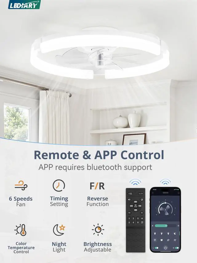 Alt view image 2 of 7 - 20" Ceiling Fans with Lights and Remote, Modern Low Profile Ceiling Fan, 3 CCT, Stepless Dimmable, Fandelier Flush Mount Fan Light, 6 Speeds, DC Motor, App & Remote Control for Bedroom(White)