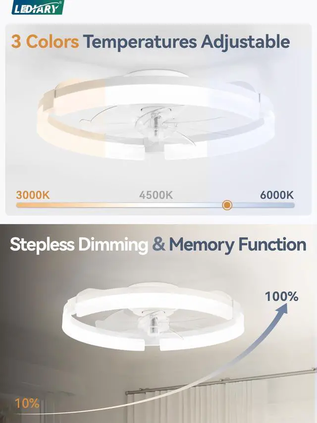 Alt view image 4 of 7 - 20" Ceiling Fans with Lights and Remote, Modern Low Profile Ceiling Fan, 3 CCT, Stepless Dimmable, Fandelier Flush Mount Fan Light, 6 Speeds, DC Motor, App & Remote Control for Bedroom(White)