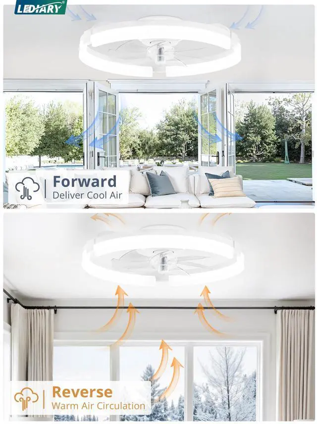 Alt view image 5 of 7 - 20" Ceiling Fans with Lights and Remote, Modern Low Profile Ceiling Fan, 3 CCT, Stepless Dimmable, Fandelier Flush Mount Fan Light, 6 Speeds, DC Motor, App & Remote Control for Bedroom(White)