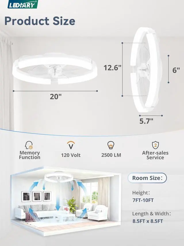 Alt view image 7 of 7 - 20" Ceiling Fans with Lights and Remote, Modern Low Profile Ceiling Fan, 3 CCT, Stepless Dimmable, Fandelier Flush Mount Fan Light, 6 Speeds, DC Motor, App & Remote Control for Bedroom(White)