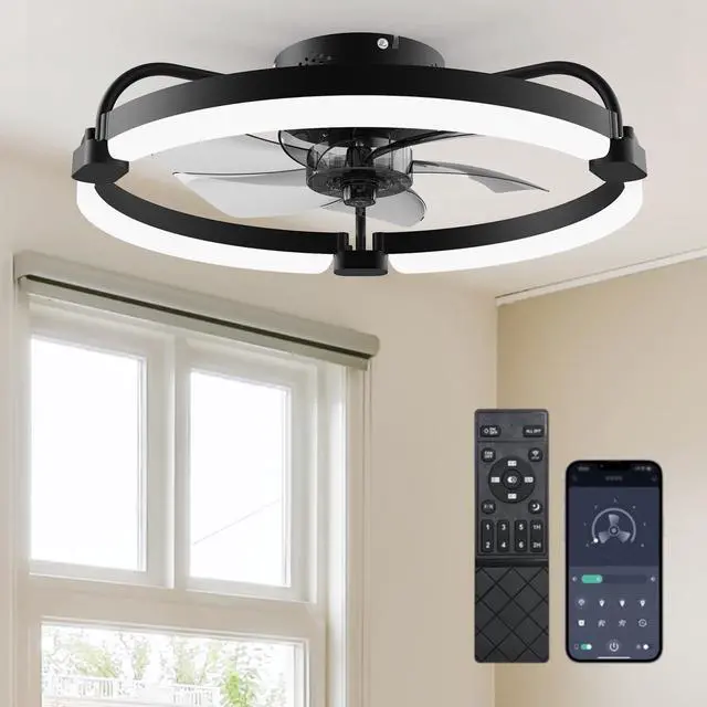 Main image of Ceiling Fans with Lights and Remote, 20'' Low Profile Ceiling Fan Flush Mount, APP Control, 6 Speed, 3CCT, Quiet Reversible DC Motor, Dimmable Modern Ceiling Fan with Light for Bedroom, Black