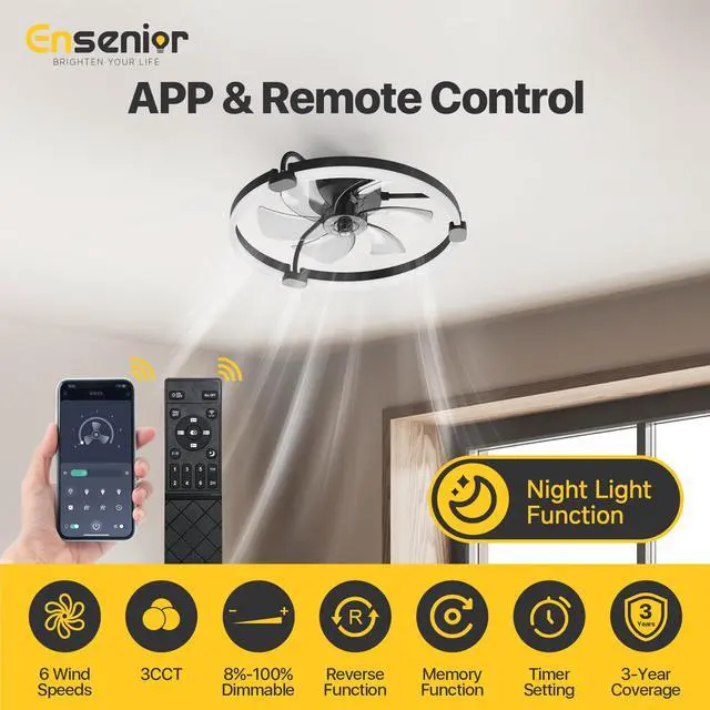 Alt view image 3 of 7 - Ceiling Fans with Lights and Remote, 20'' Low Profile Ceiling Fan Flush Mount, APP Control, 6 Speed, 3CCT, Quiet Reversible DC Motor, Dimmable Modern Ceiling Fan with Light for Bedroom, Black
