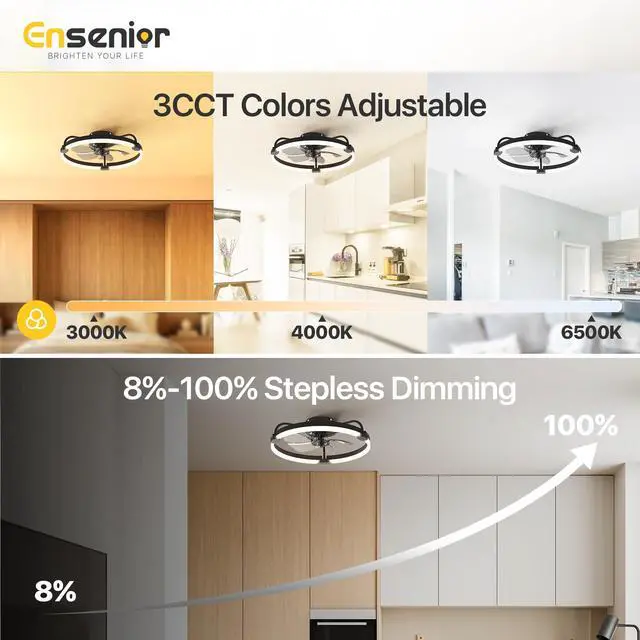 Alt view image 5 of 7 - Ceiling Fans with Lights and Remote, 20'' Low Profile Ceiling Fan Flush Mount, APP Control, 6 Speed, 3CCT, Quiet Reversible DC Motor, Dimmable Modern Ceiling Fan with Light for Bedroom, Black