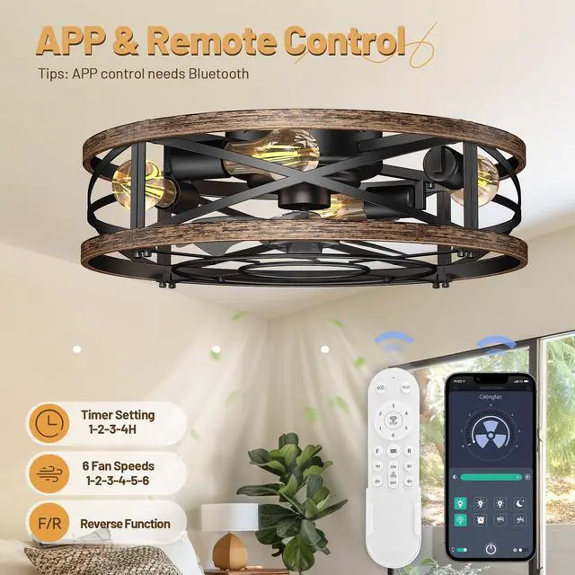 Alt view image 3 of 7 - 20in Caged Ceiling Fan with Lights, Low Profile Ceiling Fan, Small Rustic Industrial Farmhouse Ceiling Fans with Lights,Reversible Flush Mount Fandaliers Fan Light Ceiling Fixture for Bedroom Kitchen
