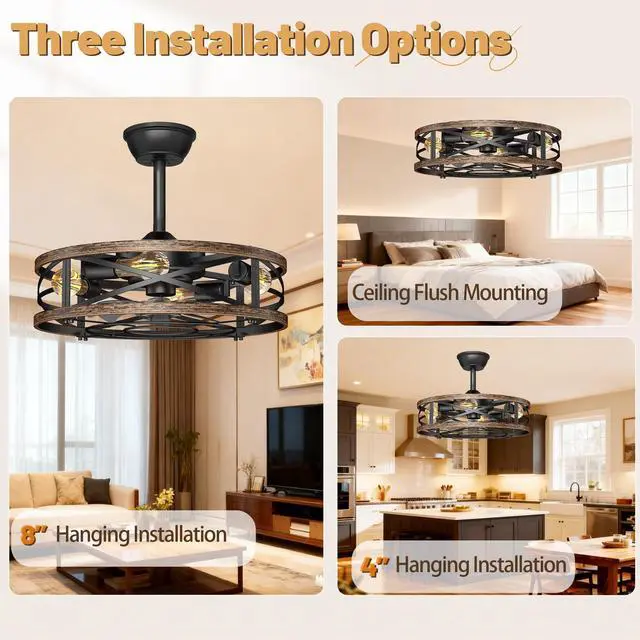 Alt view image 2 of 7 - 20in Caged Ceiling Fan with Lights, Low Profile Ceiling Fan, Small Rustic Industrial Farmhouse Ceiling Fans with Lights,Reversible Flush Mount Fandaliers Fan Light Ceiling Fixture for Bedroom Kitchen