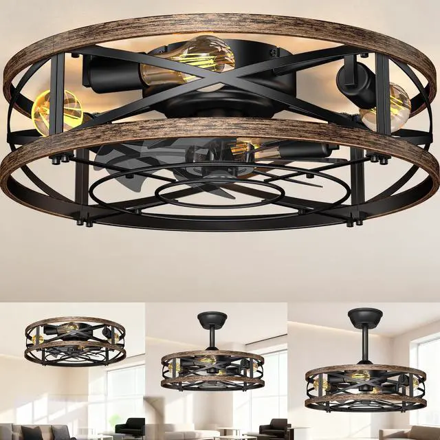 Main image of 20in Caged Ceiling Fan with Lights, Low Profile Ceiling Fan, Small Rustic Industrial Farmhouse Ceiling Fans with Lights,Reversible Flush Mount Fandaliers Fan Light Ceiling Fixture for Bedroom Kitchen
