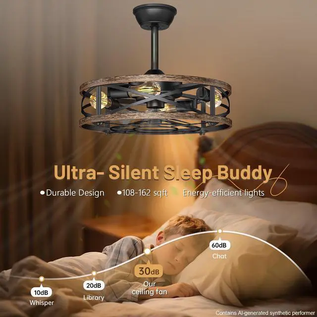 Alt view image 5 of 7 - 20in Caged Ceiling Fan with Lights, Low Profile Ceiling Fan, Small Rustic Industrial Farmhouse Ceiling Fans with Lights,Reversible Flush Mount Fandaliers Fan Light Ceiling Fixture for Bedroom Kitchen