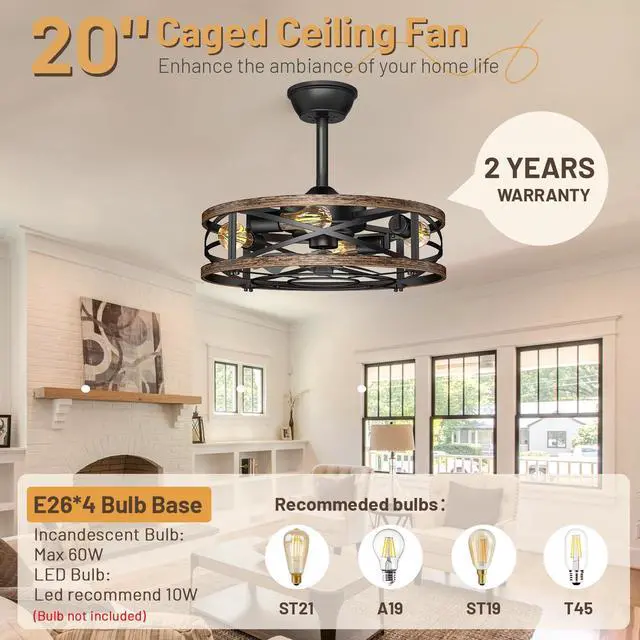 Alt view image 6 of 7 - 20in Caged Ceiling Fan with Lights, Low Profile Ceiling Fan, Small Rustic Industrial Farmhouse Ceiling Fans with Lights,Reversible Flush Mount Fandaliers Fan Light Ceiling Fixture for Bedroom Kitchen