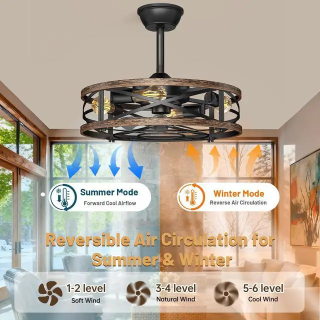 Alt view image 4 of 7 - 20in Caged Ceiling Fan with Lights, Low Profile Ceiling Fan, Small Rustic Industrial Farmhouse Ceiling Fans with Lights,Reversible Flush Mount Fandaliers Fan Light Ceiling Fixture for Bedroom Kitchen