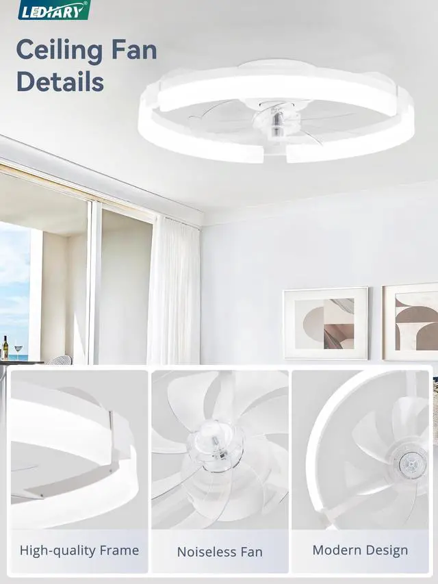 Alt view image 6 of 7 - 20" Ceiling Fans with Lights and Remote, Modern Low Profile Ceiling Fan, 3 CCT, Stepless Dimmable, Fandelier Flush Mount Fan Light, 6 Speeds, DC Motor, App & Remote Control for Bedroom(White)