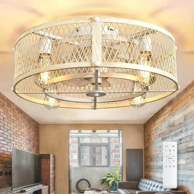 Main image of Flush Mount Ceiling Fan: 20" Caged Ceiling Fans with Lights and Remote Control for Kitchen Bedroom Farmhouse - Rustic Low Profile Ceiling Fandelier Lights Reversible 6 Speed Timer Cement