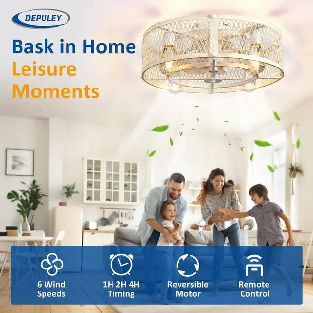 Alt view image 3 of 7 - Flush Mount Ceiling Fan: 20" Caged Ceiling Fans with Lights and Remote Control for Kitchen Bedroom Farmhouse - Rustic Low Profile Ceiling Fandelier Lights Reversible 6 Speed Timer Cement