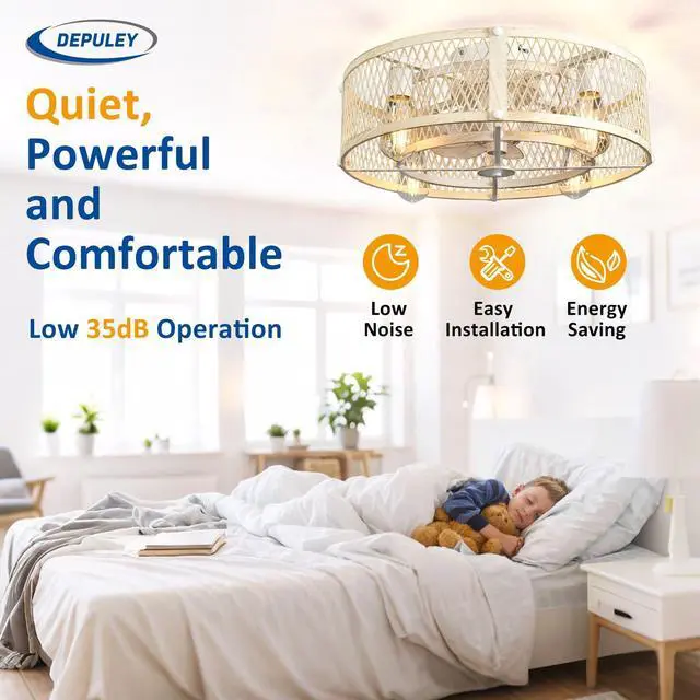 Alt view image 5 of 7 - Flush Mount Ceiling Fan: 20" Caged Ceiling Fans with Lights and Remote Control for Kitchen Bedroom Farmhouse - Rustic Low Profile Ceiling Fandelier Lights Reversible 6 Speed Timer Cement