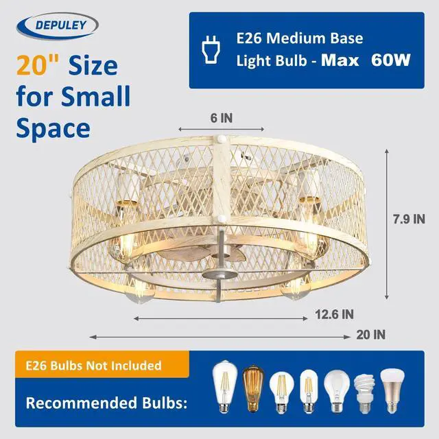 Alt view image 4 of 7 - Flush Mount Ceiling Fan: 20" Caged Ceiling Fans with Lights and Remote Control for Kitchen Bedroom Farmhouse - Rustic Low Profile Ceiling Fandelier Lights Reversible 6 Speed Timer Cement
