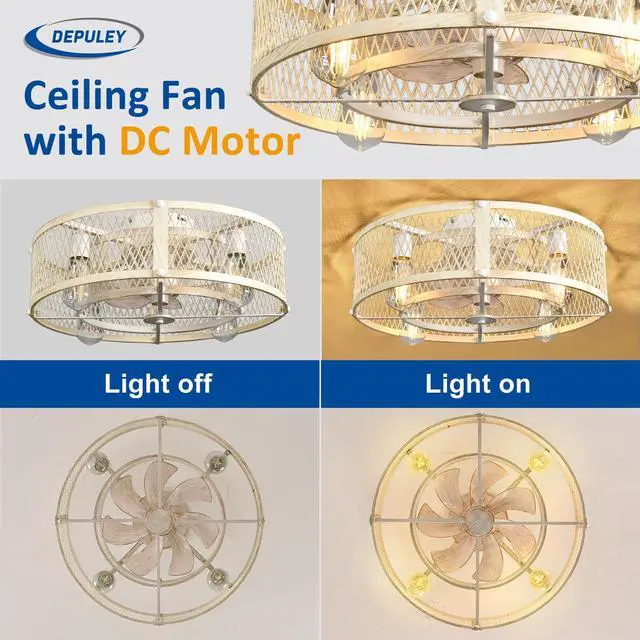 Alt view image 6 of 7 - Flush Mount Ceiling Fan: 20" Caged Ceiling Fans with Lights and Remote Control for Kitchen Bedroom Farmhouse - Rustic Low Profile Ceiling Fandelier Lights Reversible 6 Speed Timer Cement