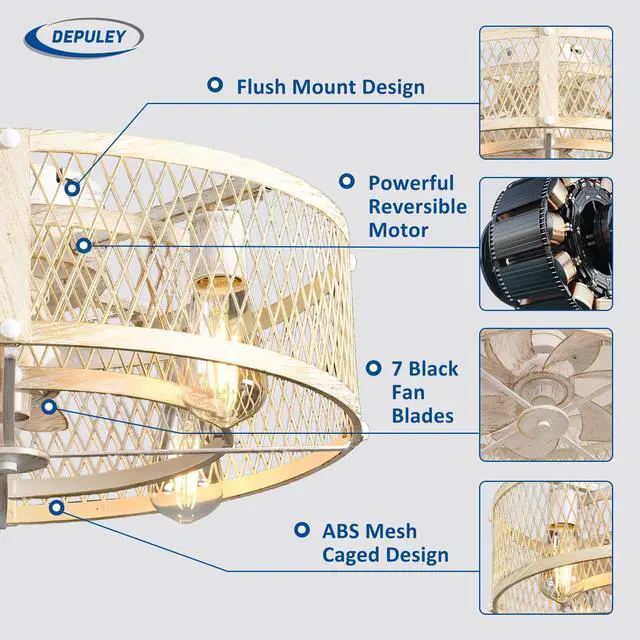 Alt view image 7 of 7 - Flush Mount Ceiling Fan: 20" Caged Ceiling Fans with Lights and Remote Control for Kitchen Bedroom Farmhouse - Rustic Low Profile Ceiling Fandelier Lights Reversible 6 Speed Timer Cement