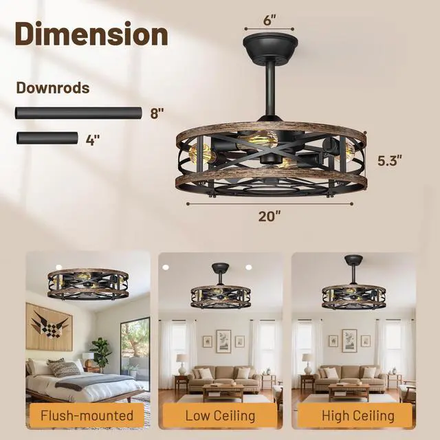 Alt view image 7 of 7 - 20in Caged Ceiling Fan with Lights, Low Profile Ceiling Fan, Small Rustic Industrial Farmhouse Ceiling Fans with Lights,Reversible Flush Mount Fandaliers Fan Light Ceiling Fixture for Bedroom Kitchen