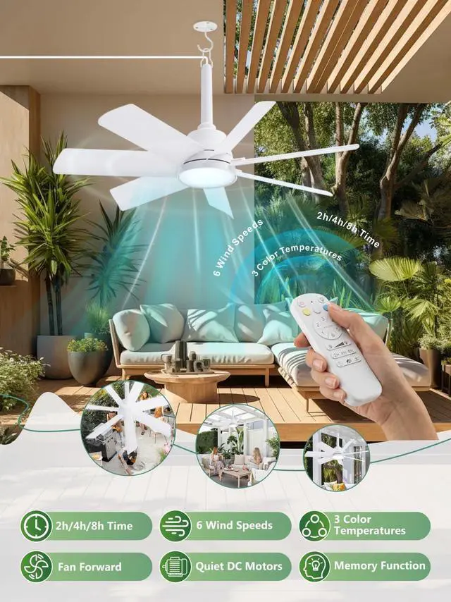 Alt view image 4 of 7 - 28 Inch Plug-In Outdoor Ceiling Fan with Light and Remote,IP65 Waterproof Hanging Fan Light with Hook,6 Speed,Reversible,3CCT,Dimmable,Portable Gazebo Fan for Patio,Canopy,Porch,Rv(White)