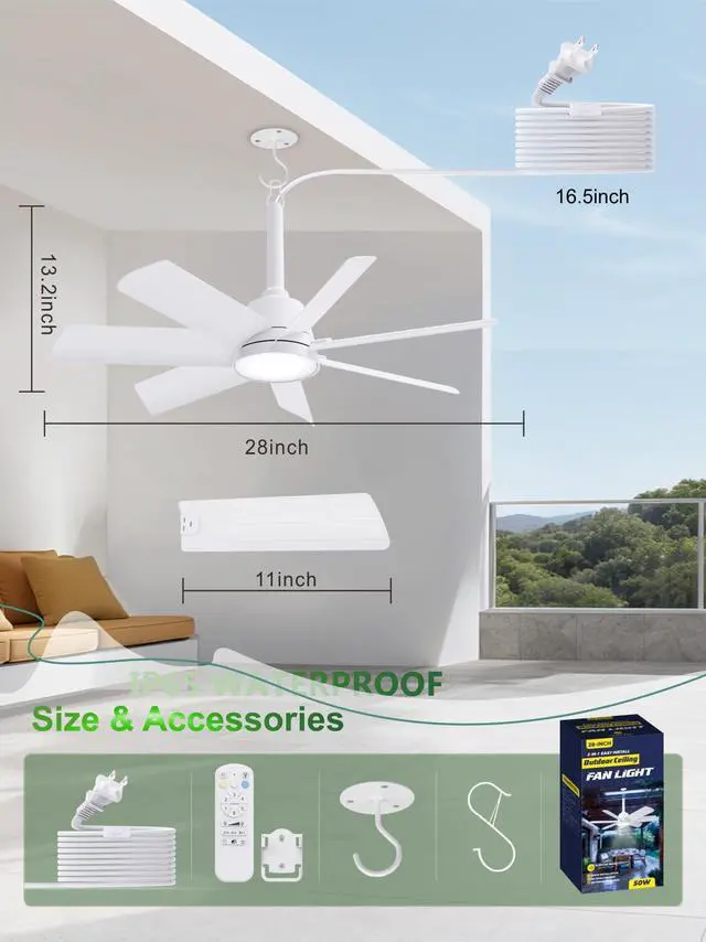 Alt view image 7 of 7 - 28 Inch Plug-In Outdoor Ceiling Fan with Light and Remote,IP65 Waterproof Hanging Fan Light with Hook,6 Speed,Reversible,3CCT,Dimmable,Portable Gazebo Fan for Patio,Canopy,Porch,Rv(White)