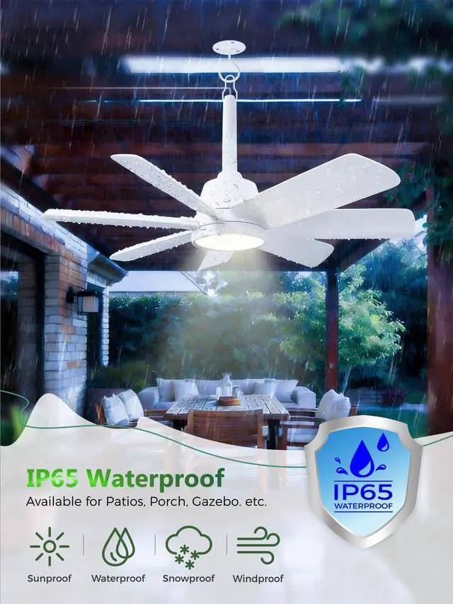 Alt view image 5 of 7 - 28 Inch Plug-In Outdoor Ceiling Fan with Light and Remote,IP65 Waterproof Hanging Fan Light with Hook,6 Speed,Reversible,3CCT,Dimmable,Portable Gazebo Fan for Patio,Canopy,Porch,Rv(White)