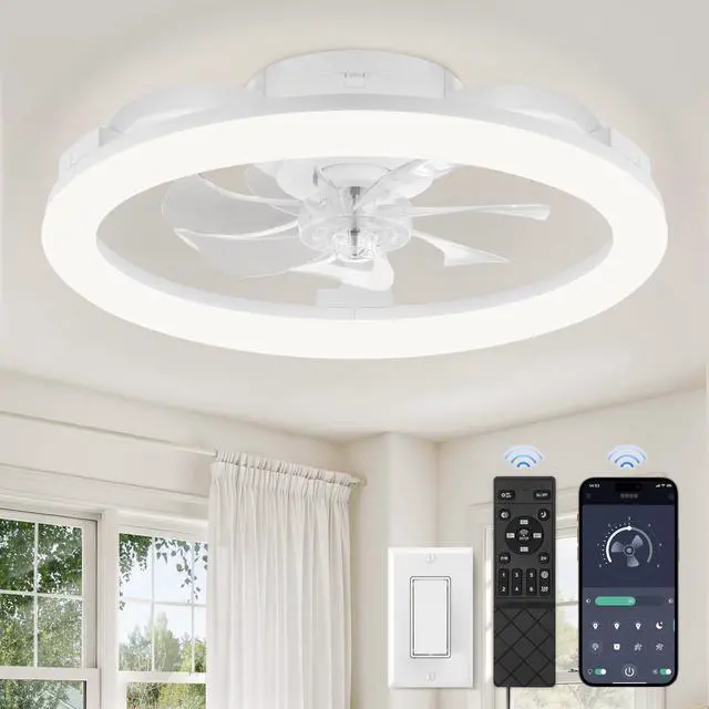 Main image of 20 Inch Low Profile Ceiling Fans with Lights and Remote, Dimmable Modern Fan Light(3000K-6000K), 6 Speed, Reversible, APP & Remote Control, Flush Mount Ceiling Fan for Bedroom, White
